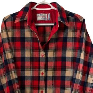 Vintage Pendleton Knockabouts Wool Plaid Flannel Shirt Red Tan Navy Made in USA